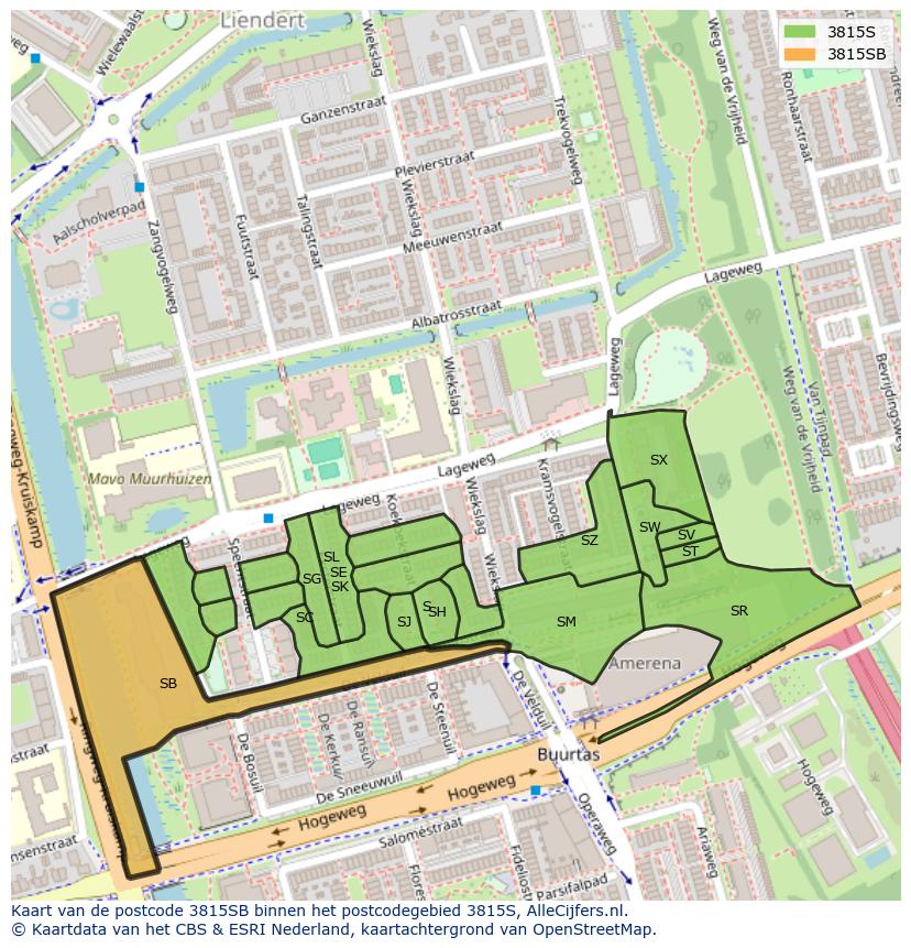 Afbeelding van het postcodegebied 3815 SB op de kaart.