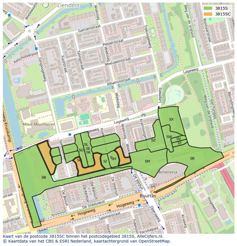 Afbeelding van het postcodegebied 3815 SC op de kaart.
