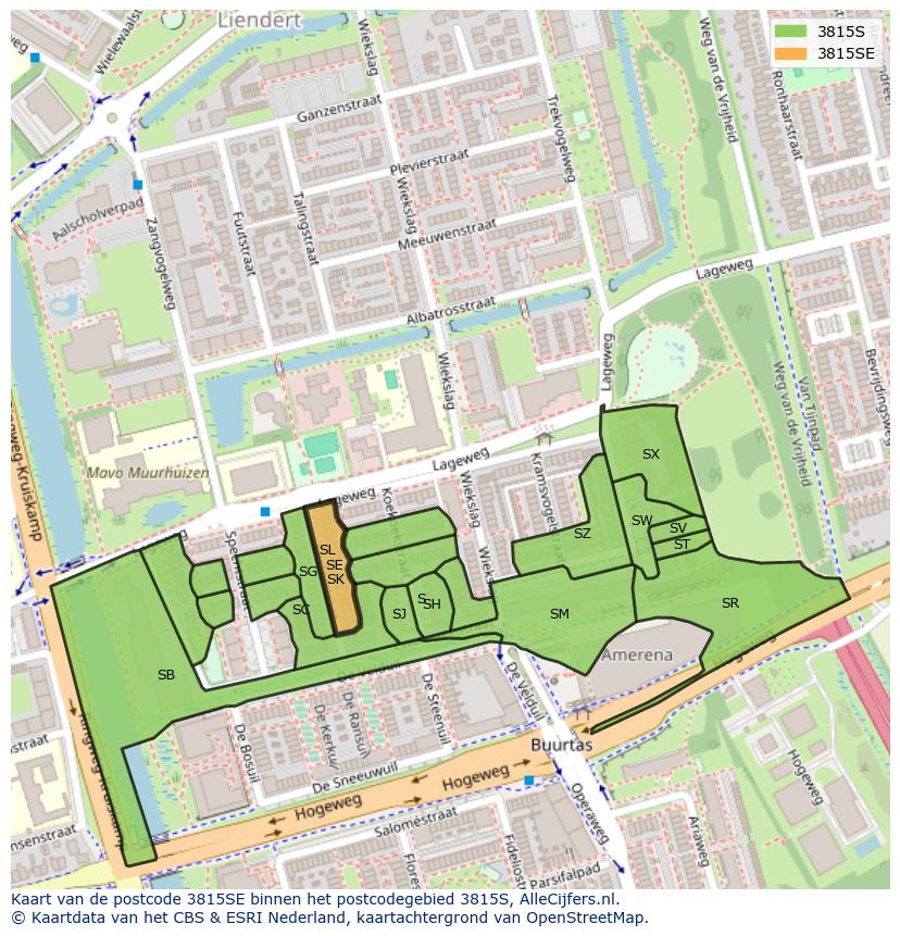 Afbeelding van het postcodegebied 3815 SE op de kaart.