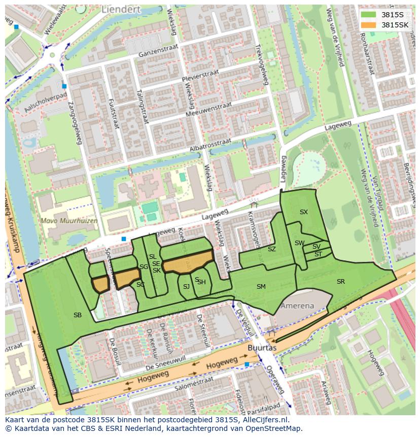 Afbeelding van het postcodegebied 3815 SK op de kaart.