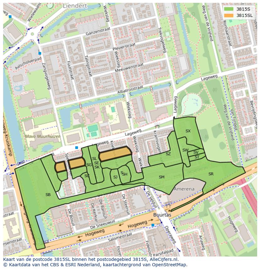 Afbeelding van het postcodegebied 3815 SL op de kaart.