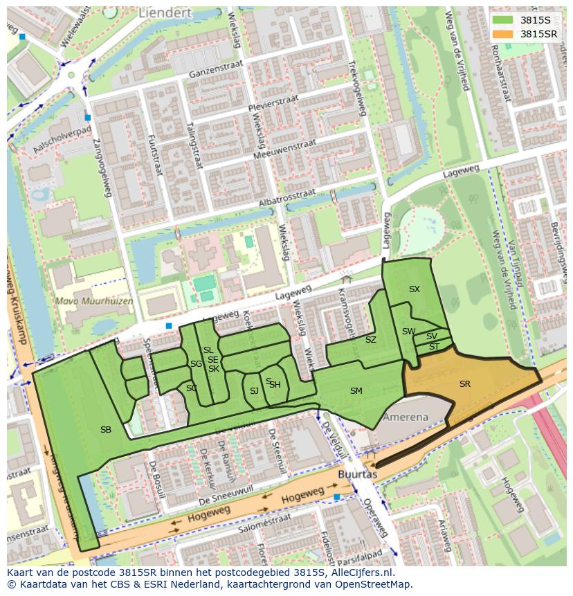 Afbeelding van het postcodegebied 3815 SR op de kaart.