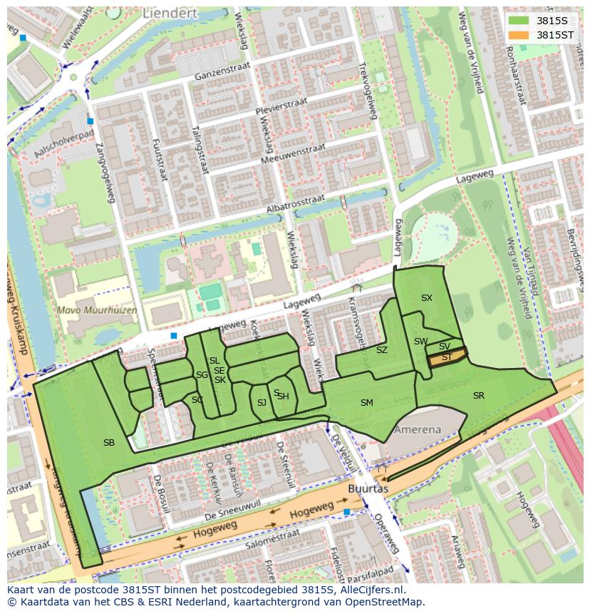 Afbeelding van het postcodegebied 3815 ST op de kaart.