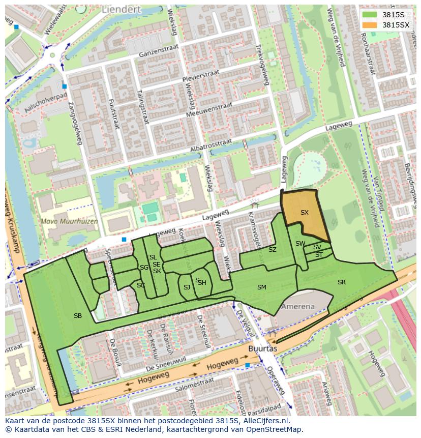 Afbeelding van het postcodegebied 3815 SX op de kaart.