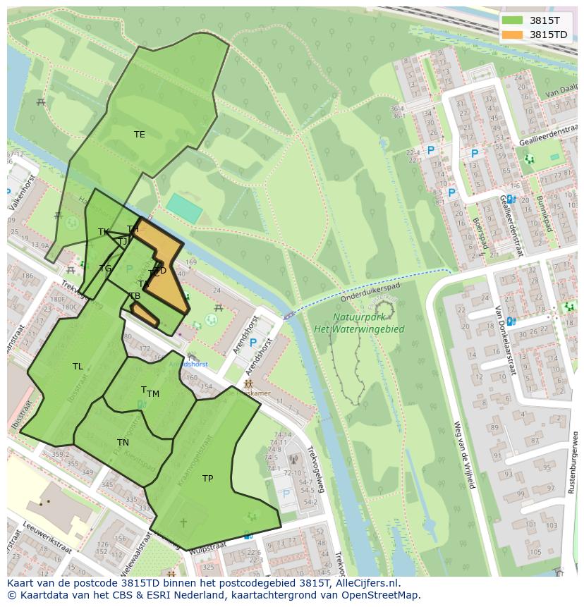 Afbeelding van het postcodegebied 3815 TD op de kaart.