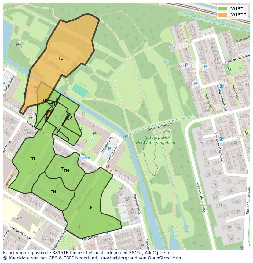 Afbeelding van het postcodegebied 3815 TE op de kaart.