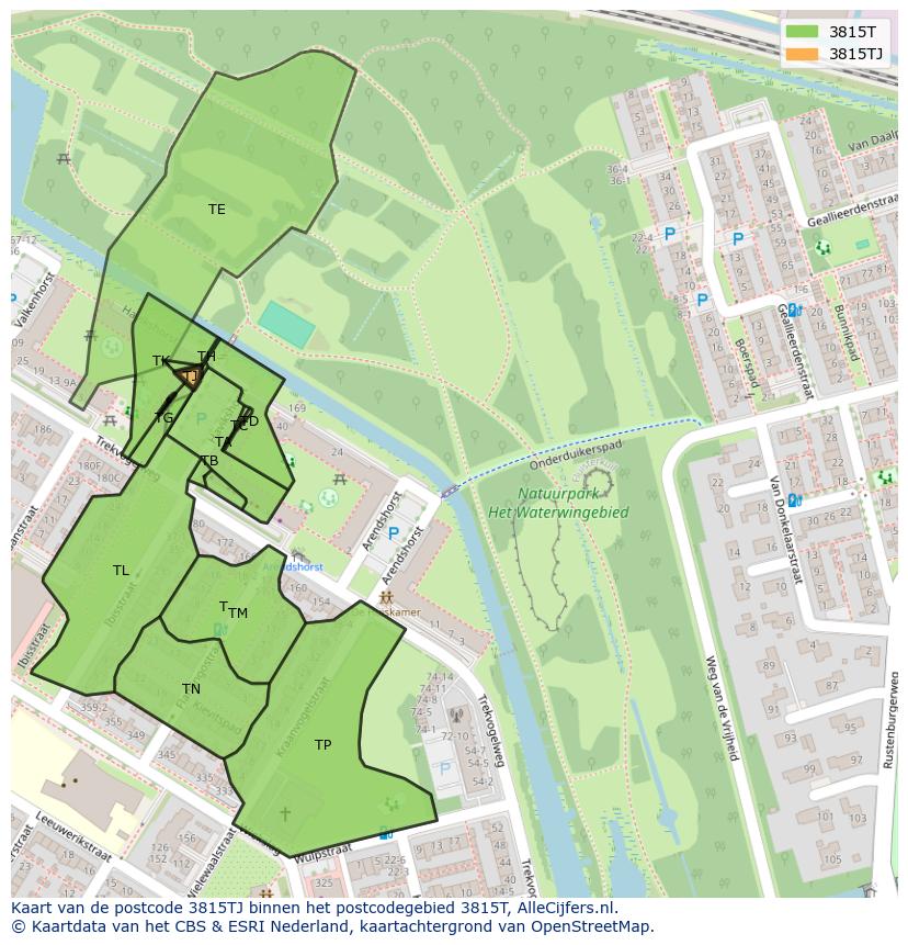 Afbeelding van het postcodegebied 3815 TJ op de kaart.