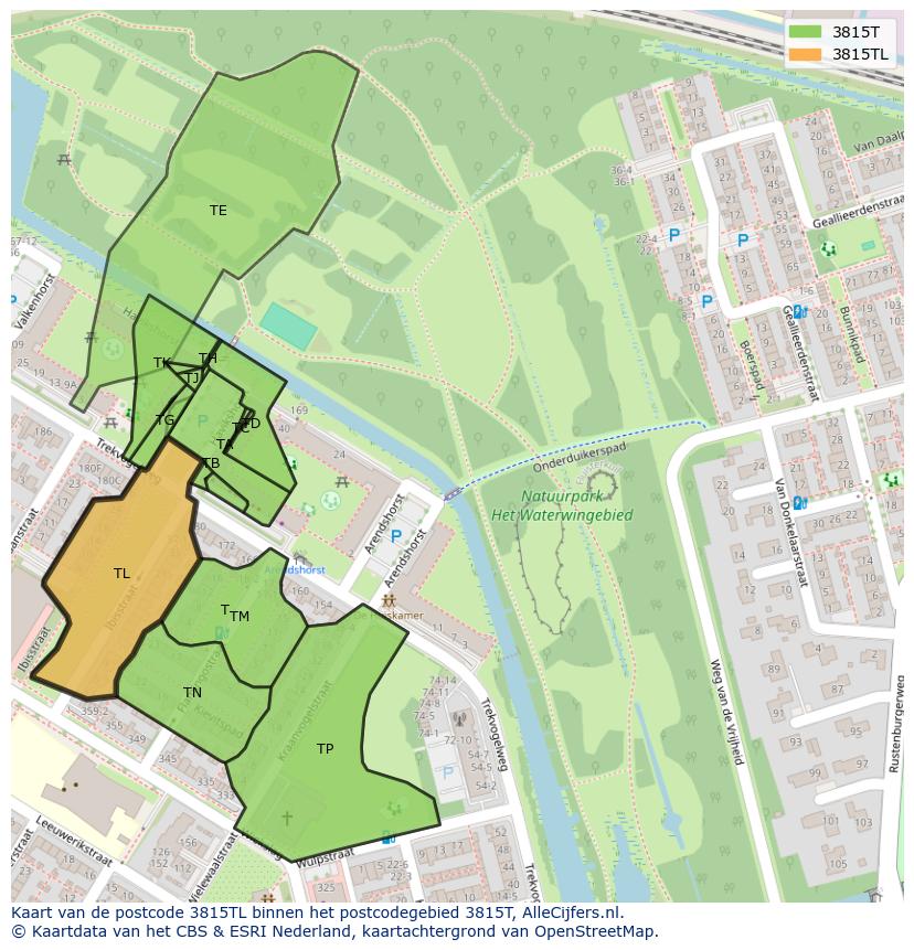 Afbeelding van het postcodegebied 3815 TL op de kaart.