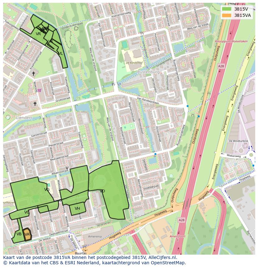 Afbeelding van het postcodegebied 3815 VA op de kaart.
