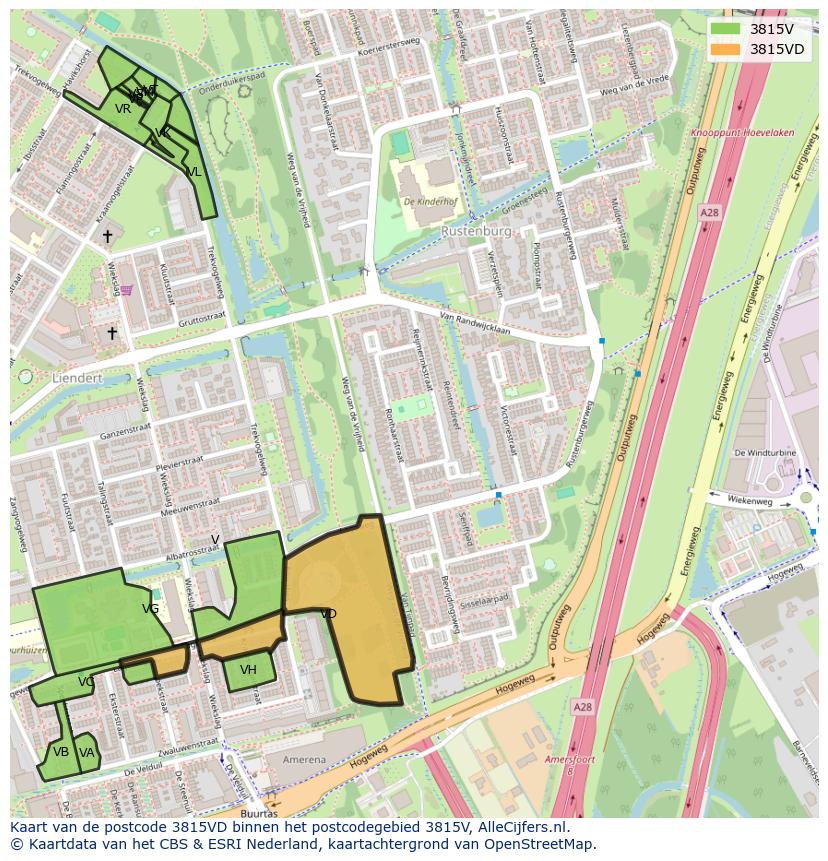 Afbeelding van het postcodegebied 3815 VD op de kaart.