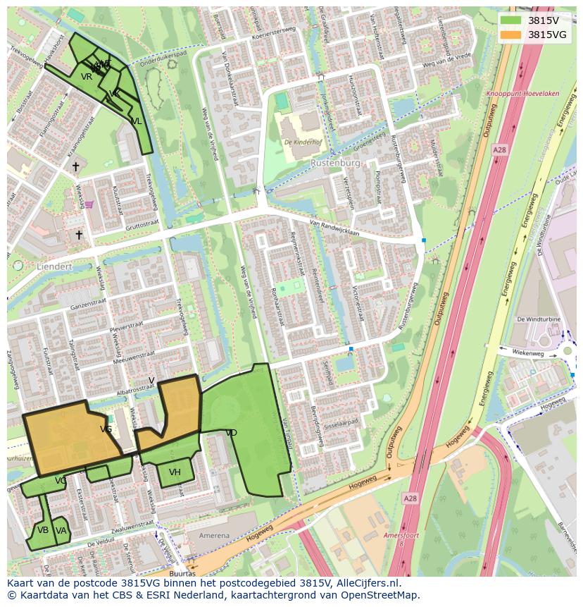 Afbeelding van het postcodegebied 3815 VG op de kaart.