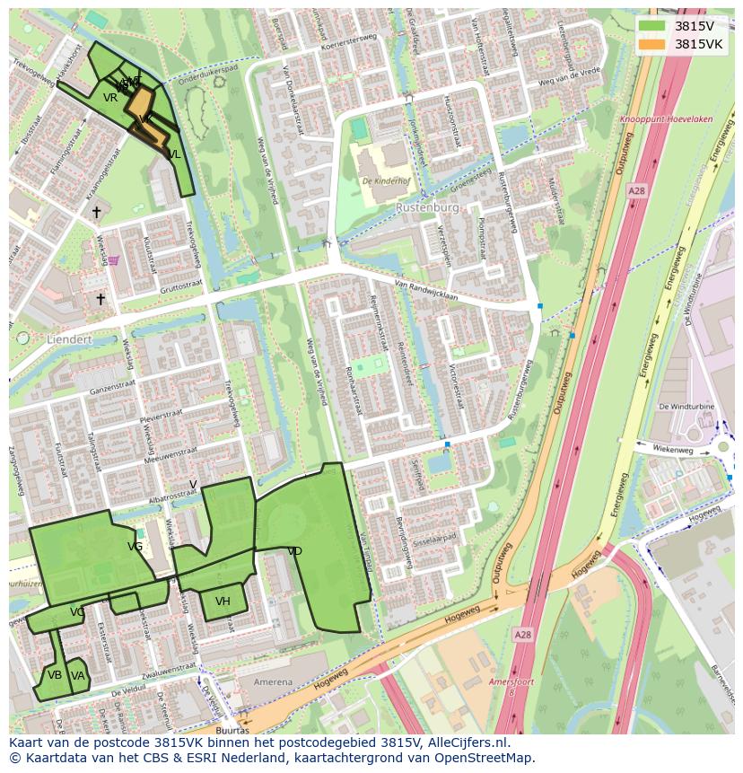 Afbeelding van het postcodegebied 3815 VK op de kaart.