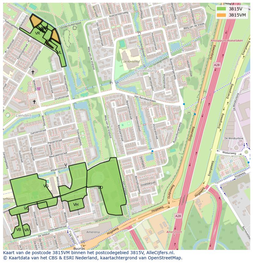 Afbeelding van het postcodegebied 3815 VM op de kaart.