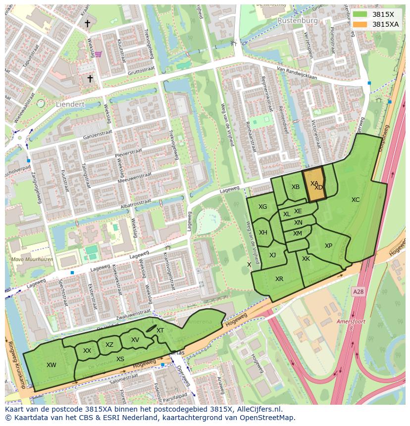 Afbeelding van het postcodegebied 3815 XA op de kaart.
