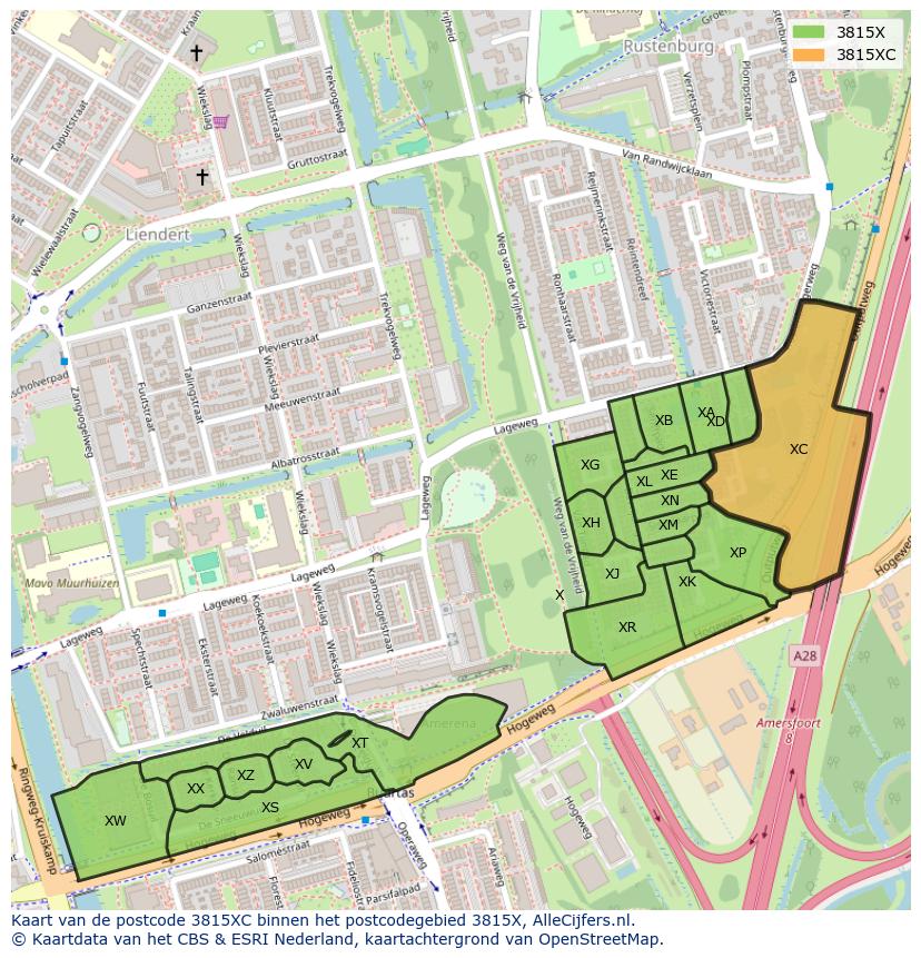 Afbeelding van het postcodegebied 3815 XC op de kaart.