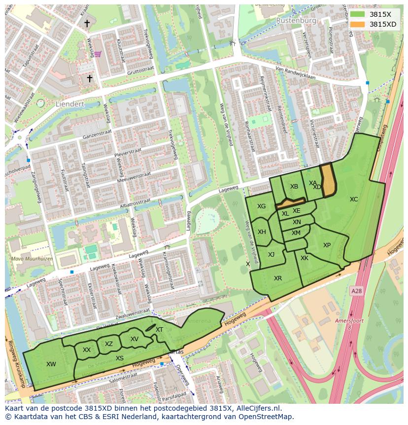 Afbeelding van het postcodegebied 3815 XD op de kaart.