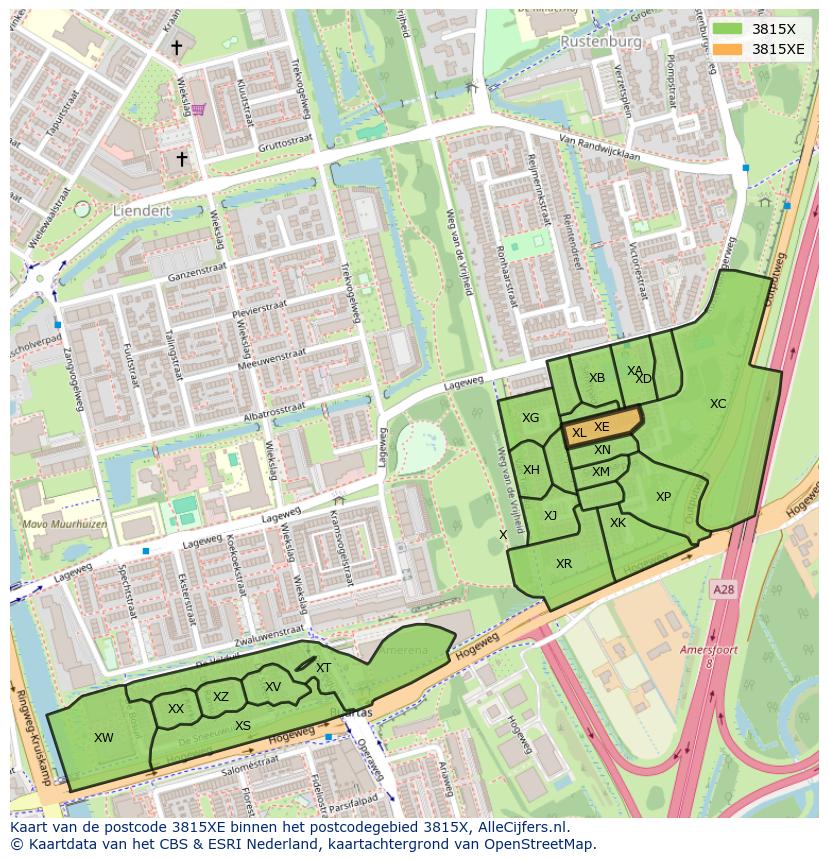 Afbeelding van het postcodegebied 3815 XE op de kaart.