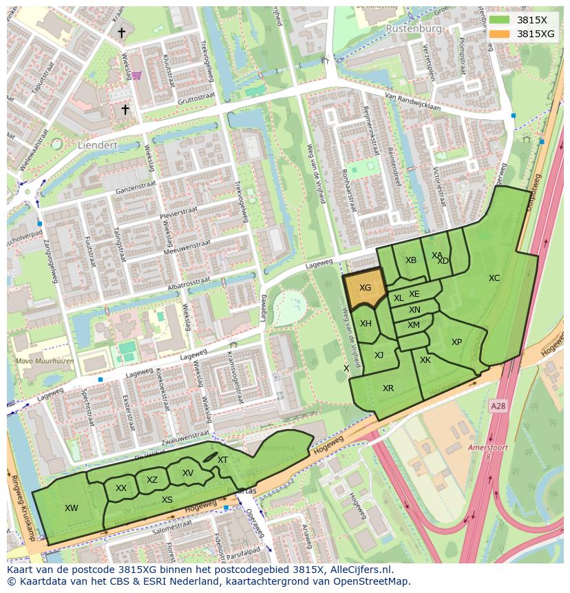 Afbeelding van het postcodegebied 3815 XG op de kaart.