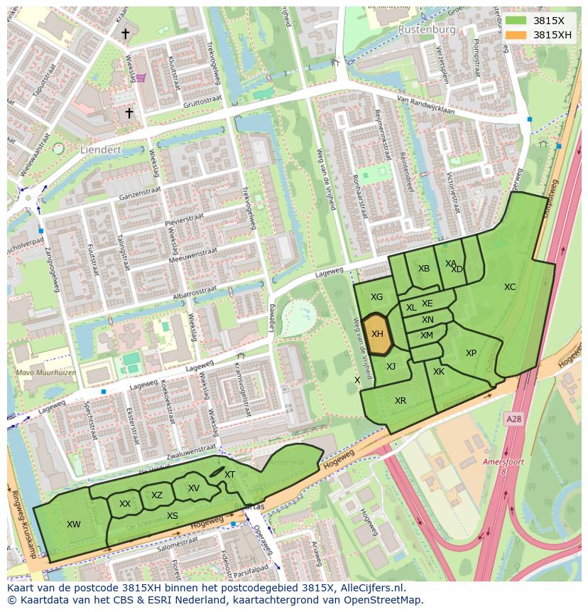 Afbeelding van het postcodegebied 3815 XH op de kaart.