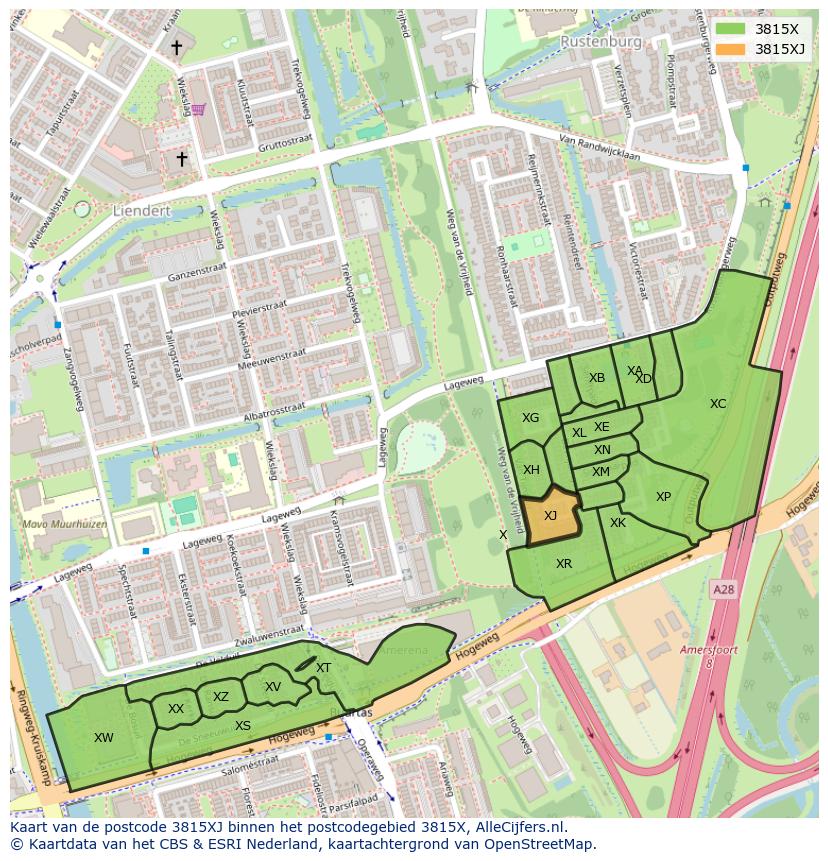 Afbeelding van het postcodegebied 3815 XJ op de kaart.