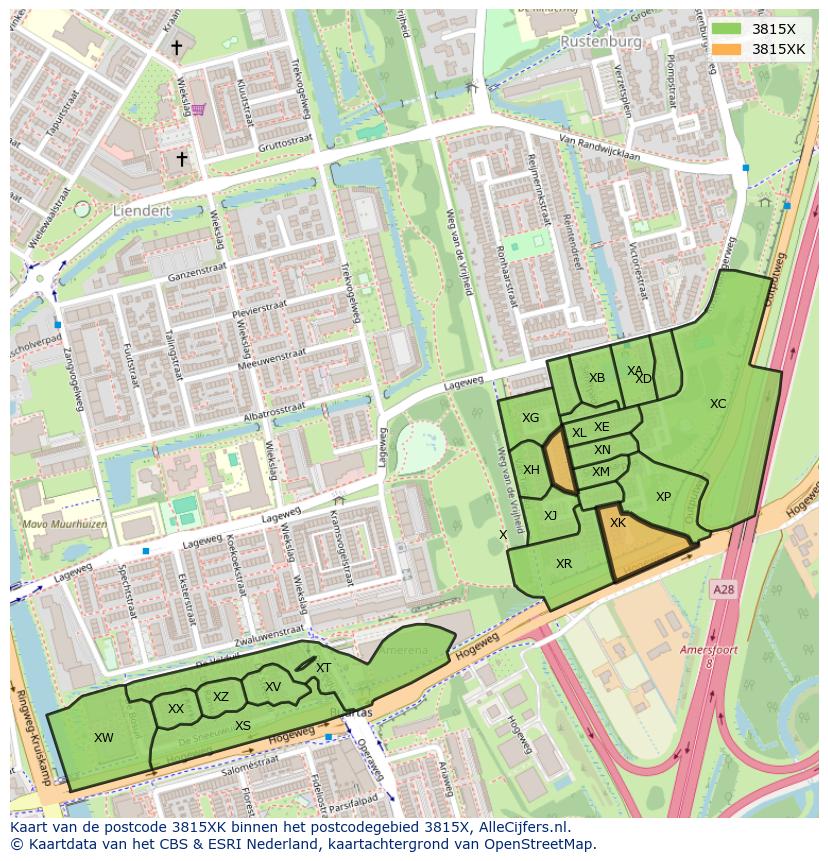 Afbeelding van het postcodegebied 3815 XK op de kaart.