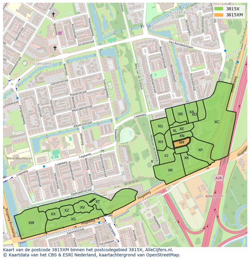 Afbeelding van het postcodegebied 3815 XM op de kaart.