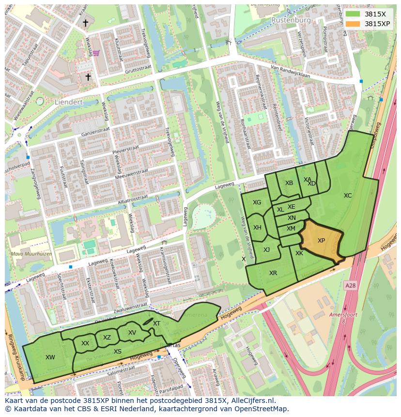 Afbeelding van het postcodegebied 3815 XP op de kaart.