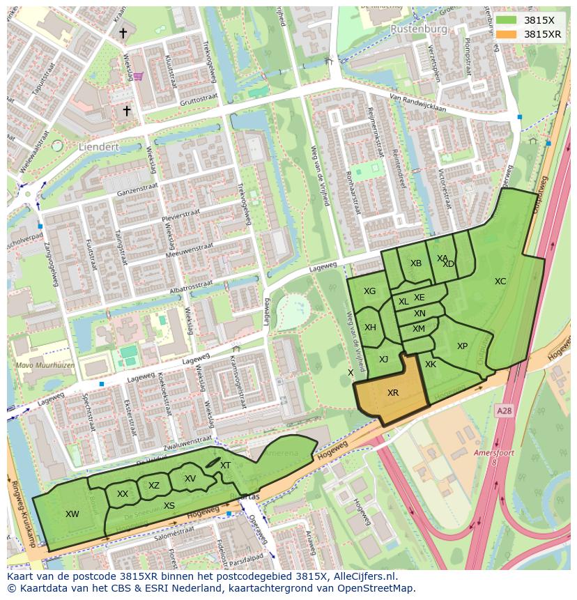 Afbeelding van het postcodegebied 3815 XR op de kaart.