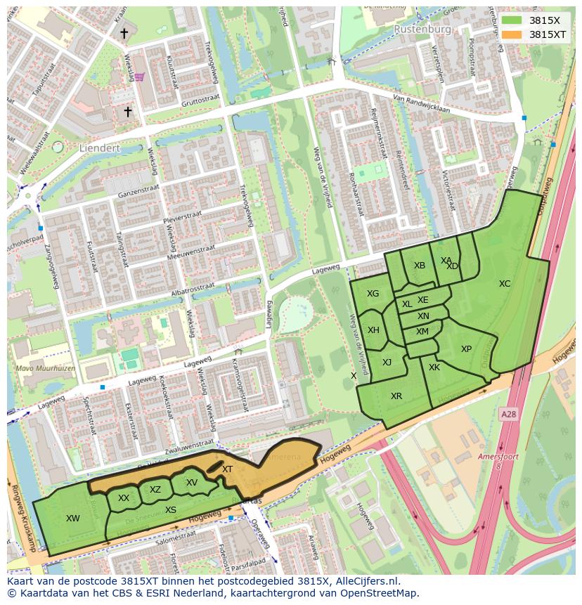 Afbeelding van het postcodegebied 3815 XT op de kaart.