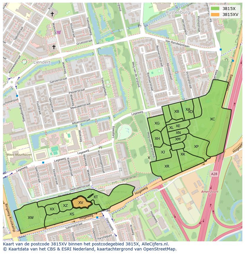 Afbeelding van het postcodegebied 3815 XV op de kaart.