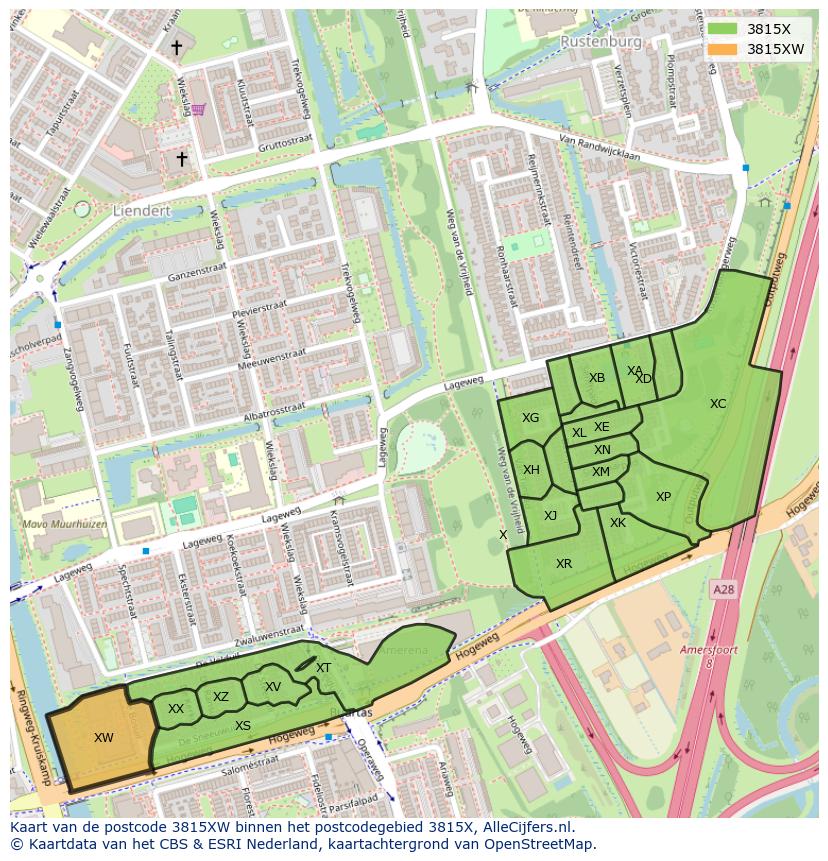 Afbeelding van het postcodegebied 3815 XW op de kaart.