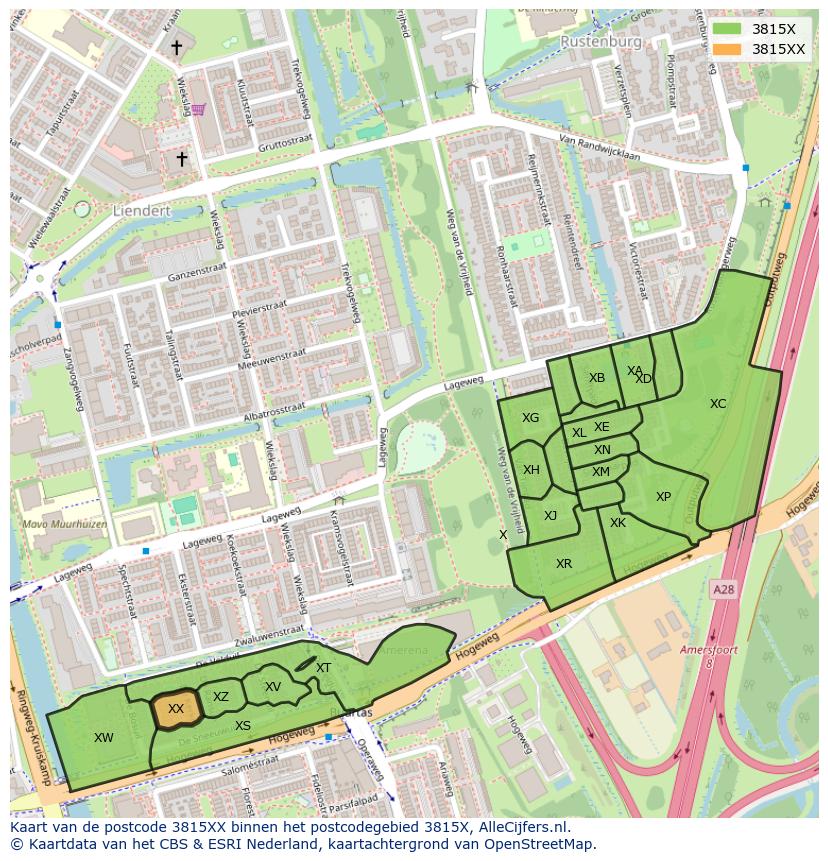Afbeelding van het postcodegebied 3815 XX op de kaart.