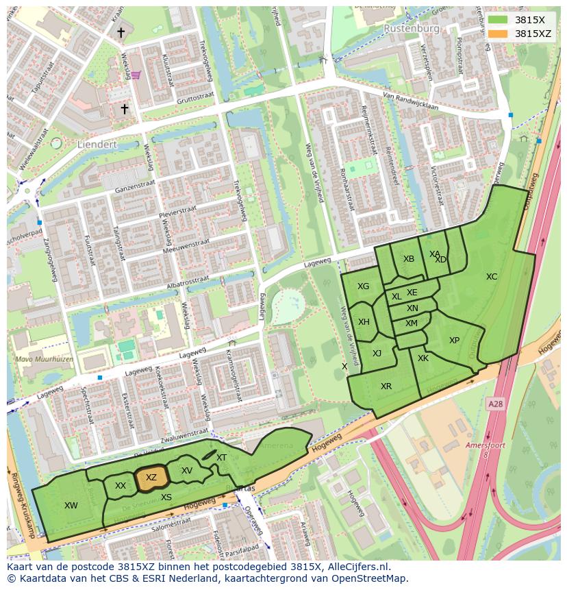 Afbeelding van het postcodegebied 3815 XZ op de kaart.