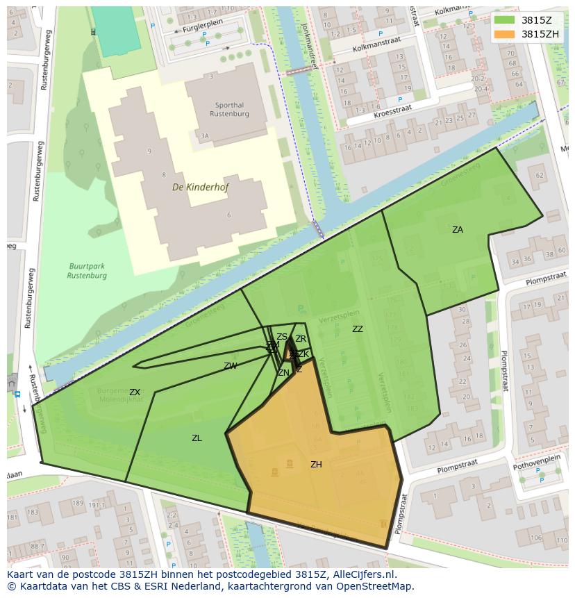 Afbeelding van het postcodegebied 3815 ZH op de kaart.
