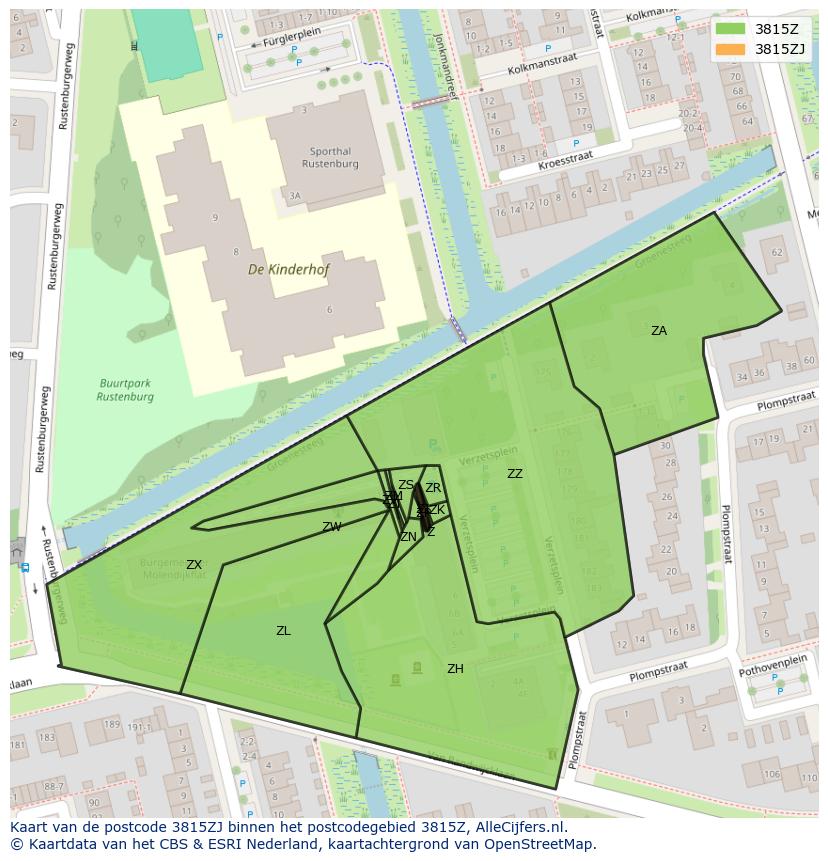 Afbeelding van het postcodegebied 3815 ZJ op de kaart.