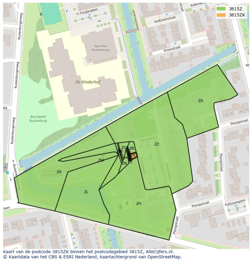 Afbeelding van het postcodegebied 3815 ZK op de kaart.
