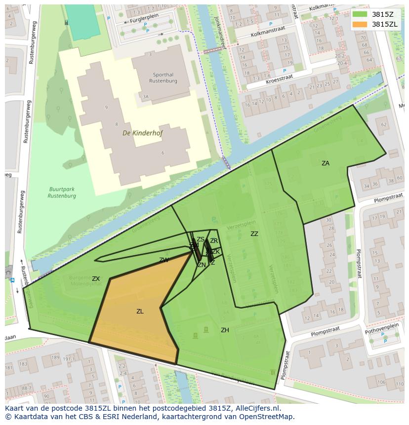 Afbeelding van het postcodegebied 3815 ZL op de kaart.