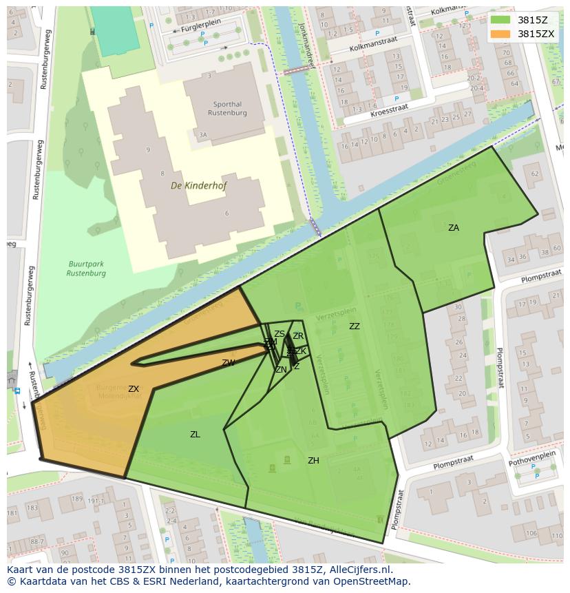 Afbeelding van het postcodegebied 3815 ZX op de kaart.