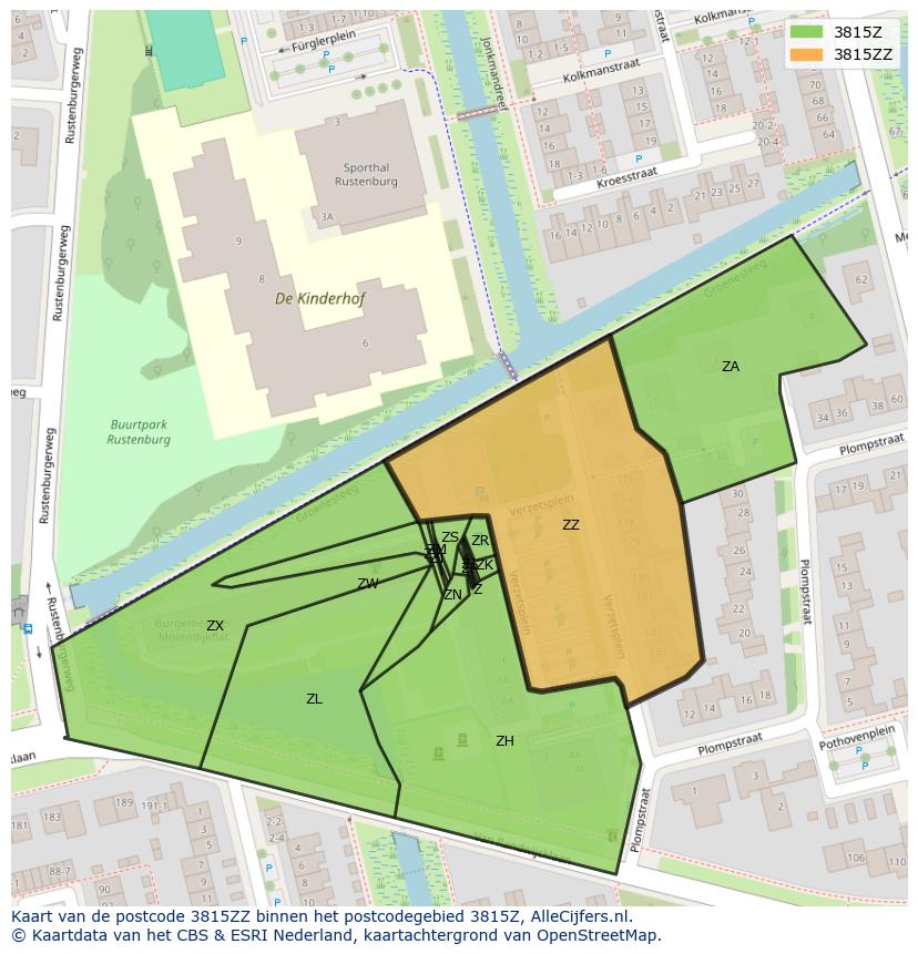 Afbeelding van het postcodegebied 3815 ZZ op de kaart.