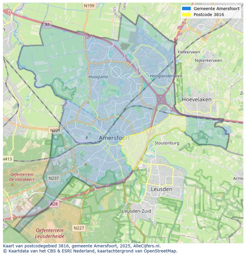 Afbeelding van het postcodegebied 3816 op de kaart.