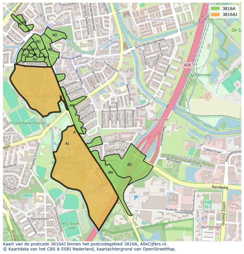 Afbeelding van het postcodegebied 3816 AJ op de kaart.