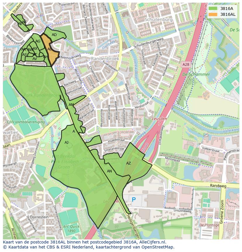 Afbeelding van het postcodegebied 3816 AL op de kaart.
