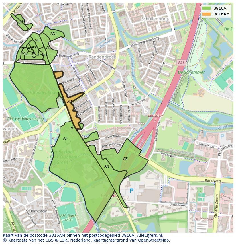 Afbeelding van het postcodegebied 3816 AM op de kaart.