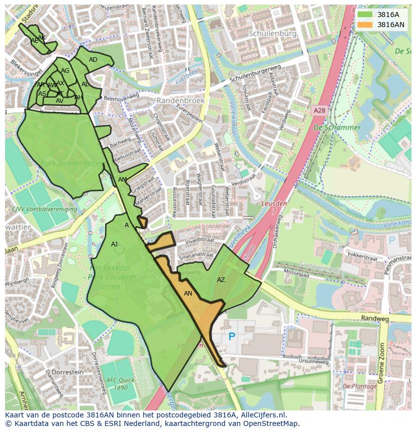 Afbeelding van het postcodegebied 3816 AN op de kaart.