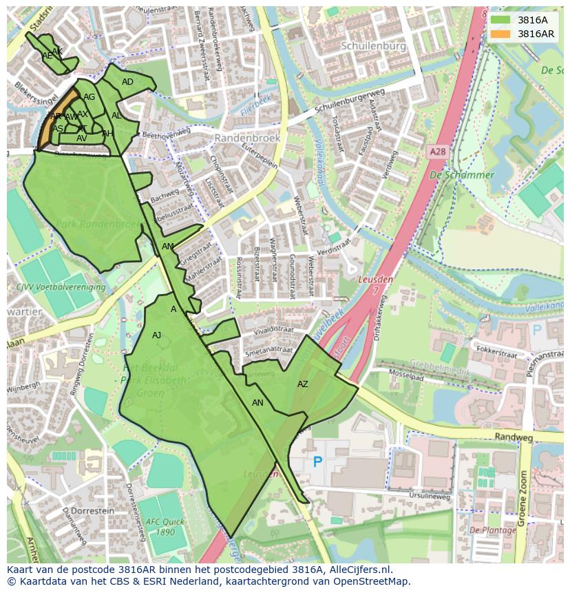 Afbeelding van het postcodegebied 3816 AR op de kaart.