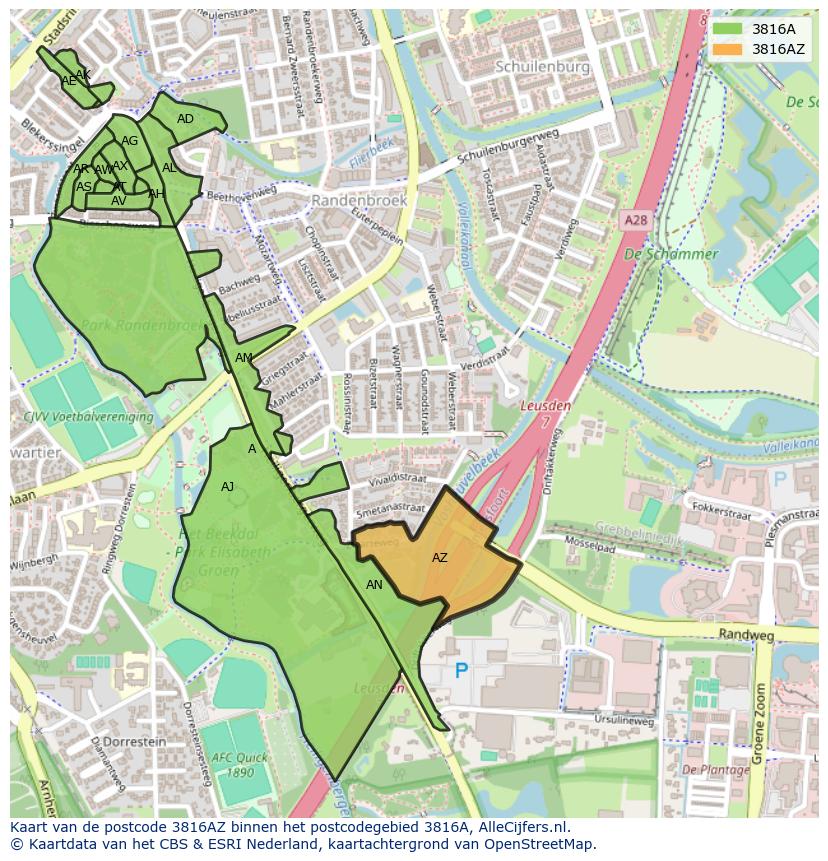 Afbeelding van het postcodegebied 3816 AZ op de kaart.