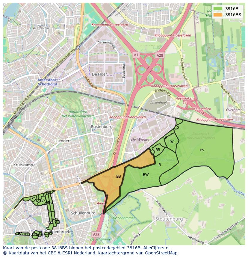 Afbeelding van het postcodegebied 3816 BS op de kaart.