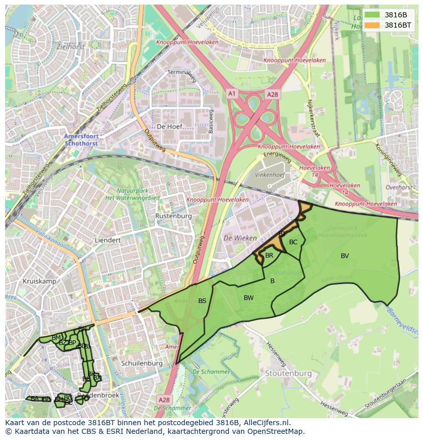 Afbeelding van het postcodegebied 3816 BT op de kaart.