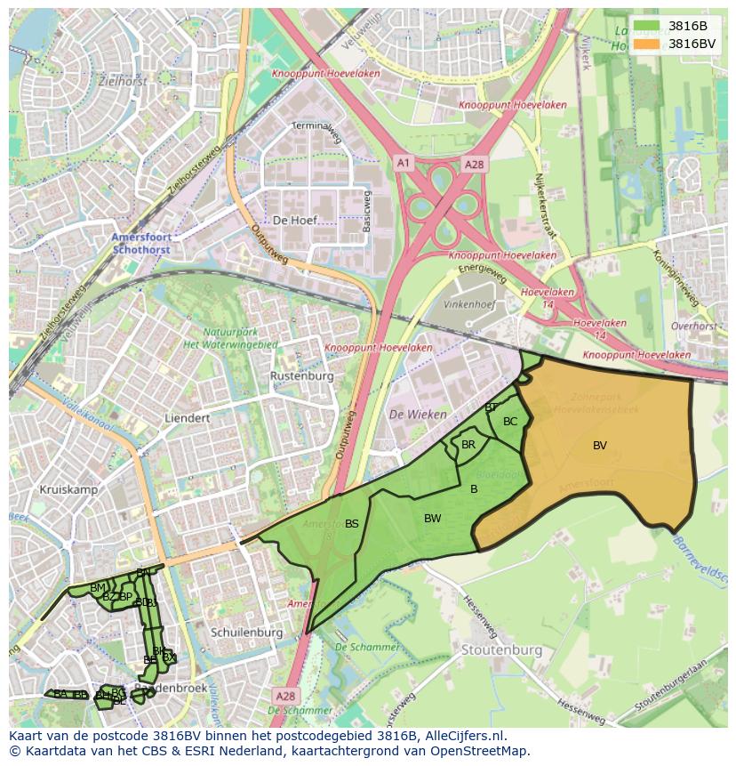 Afbeelding van het postcodegebied 3816 BV op de kaart.