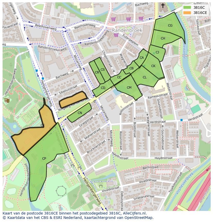 Afbeelding van het postcodegebied 3816 CE op de kaart.